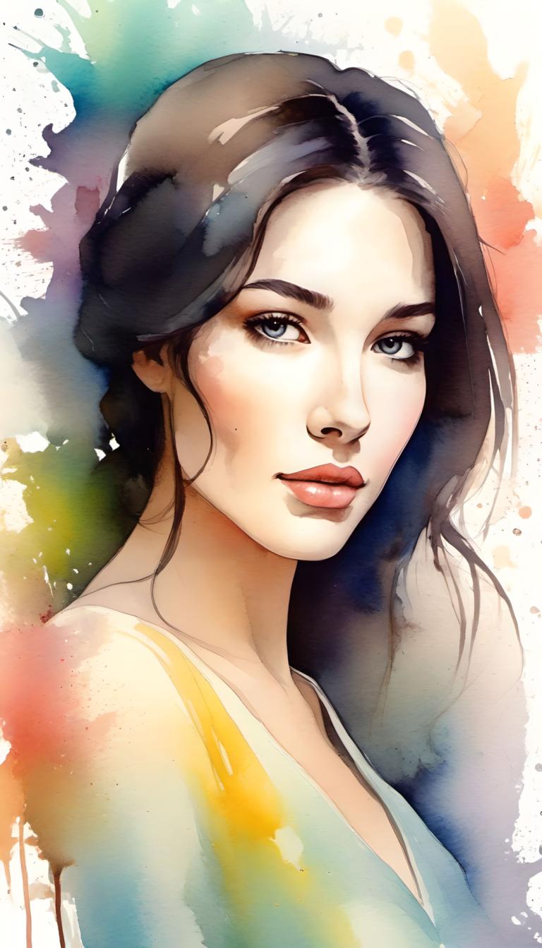 Watercolor,Watercolor, People, woman, 1girl, solo, black hair, lips, long hair, looking at viewer, upper body