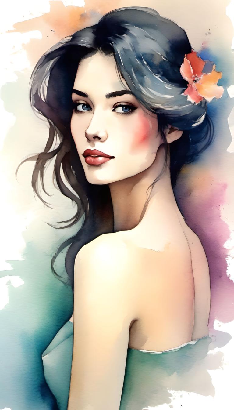 Watercolor,Watercolor, People, woman, 1girl, solo, black hair, hair ornament, hair flower, flower, blue eyes