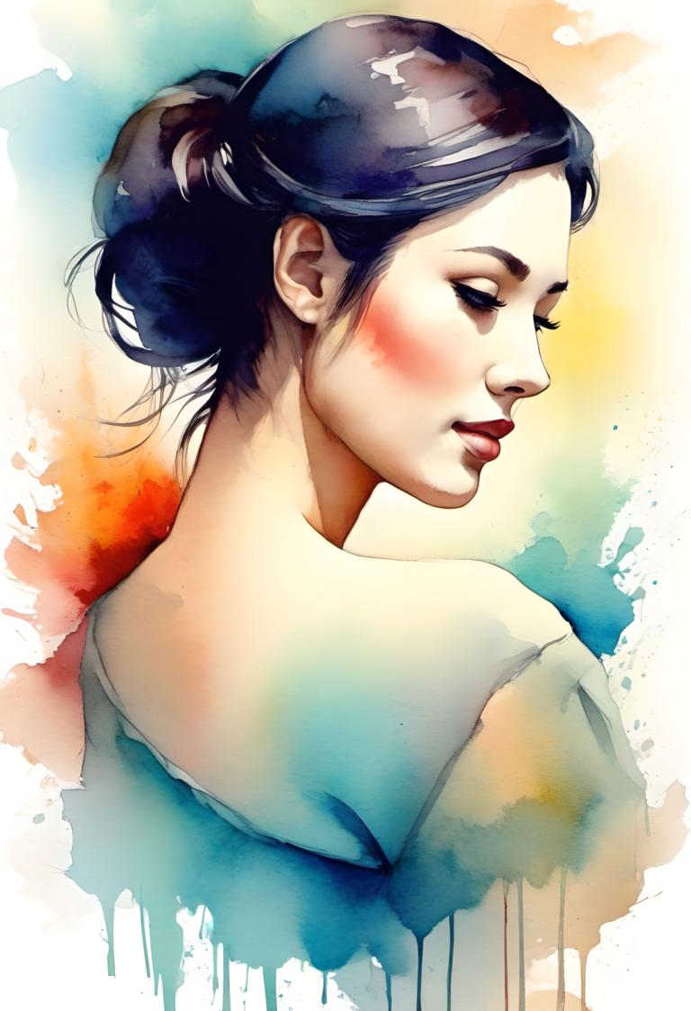 Watercolor,Watercolor, People, woman, 1girl, solo, black hair, blush, lips, hair bun, single hair bun