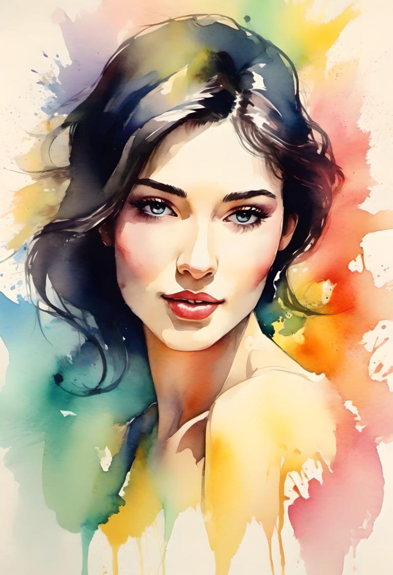 Watercolor,Watercolor, People, woman, 1girl, solo, black hair, lips, looking at viewer, blue eyes, portrait