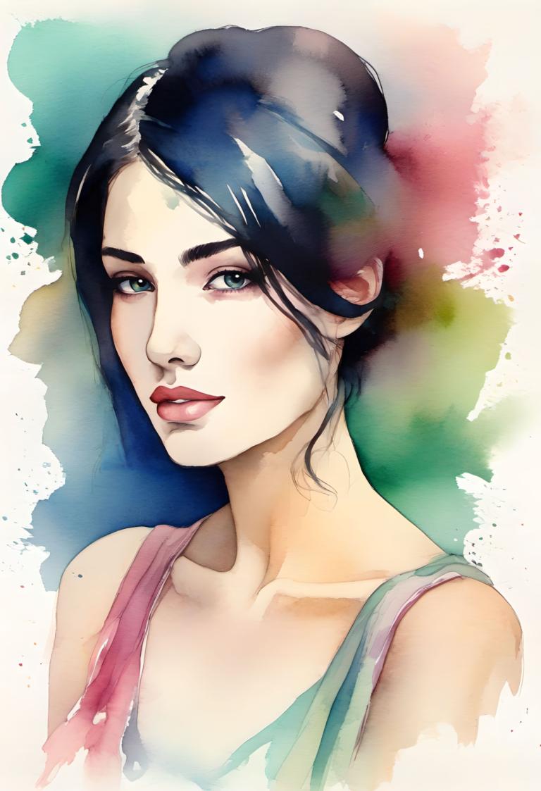 Watercolor,Watercolor, People, woman, 1girl, solo, black hair, lips, green eyes, looking at viewer