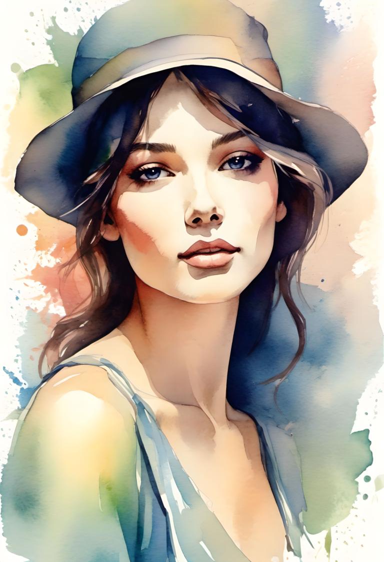 Watercolor,Watercolor, People, woman, solo, 1girl, hat, blue eyes, lips, black hair, brown hair, realistic