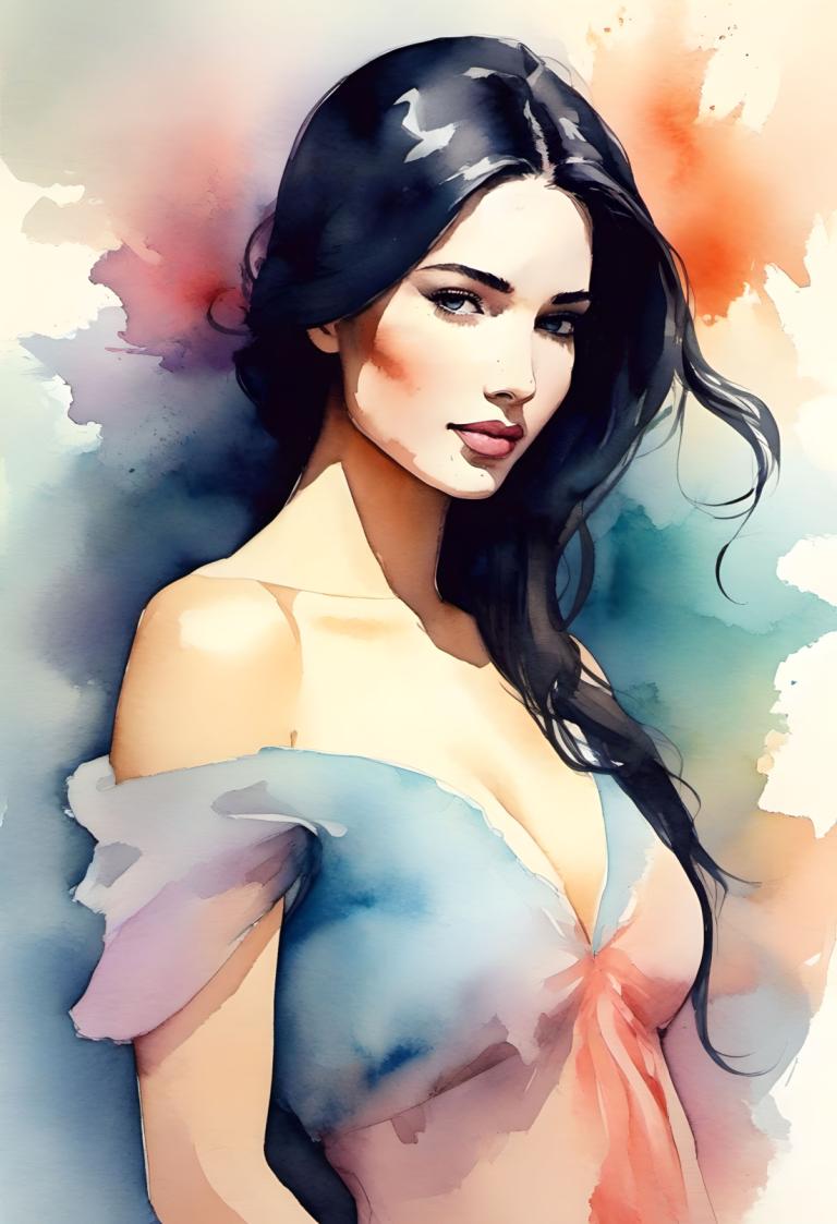 Watercolor,Watercolor, People, woman, 1girl, solo, black hair, long hair, breasts, cleavage, bare shoulders