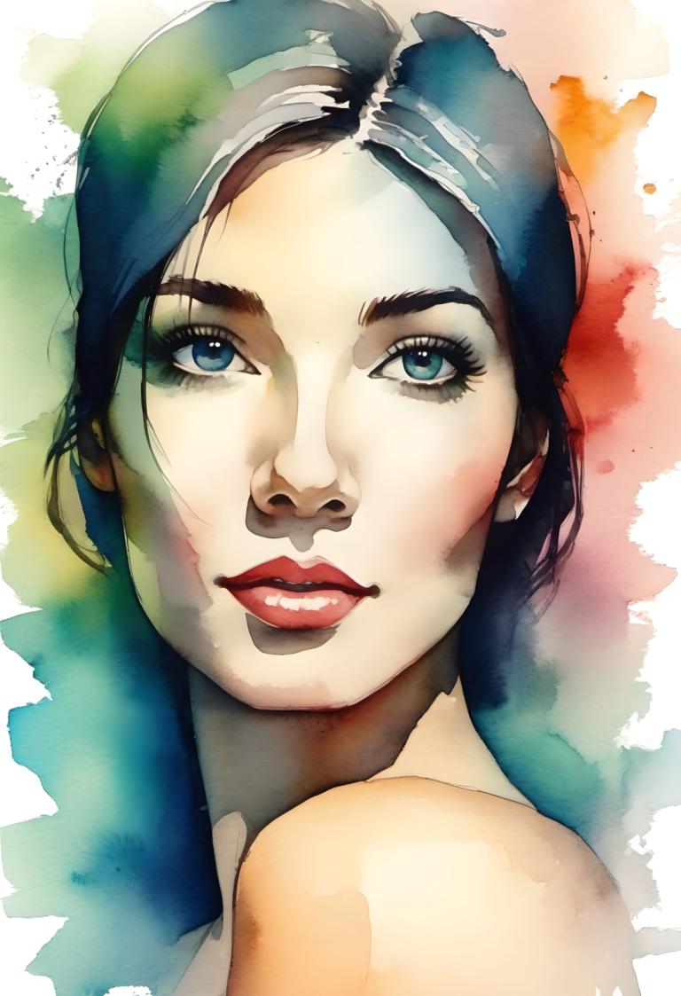 Watercolor,Watercolor, People, woman, 1girl, solo, blue eyes, lips, black hair, blue hair, portrait, makeup