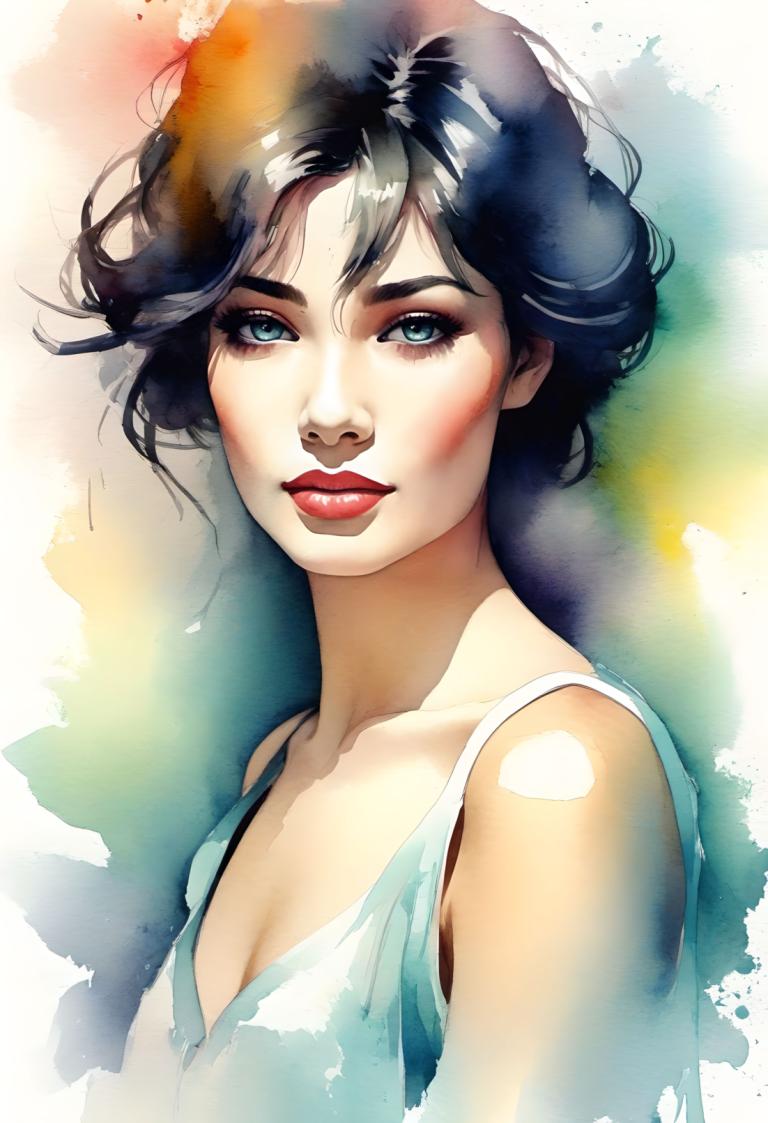 Watercolor,Watercolor, People, woman, 1girl, solo, black hair, blue eyes, lips, upper body, short hair