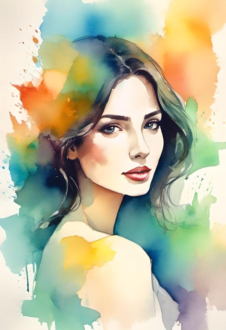 Watercolor,Watercolor, People, woman, 1girl, solo, looking at viewer, black hair, lips, red lips, blue eyes