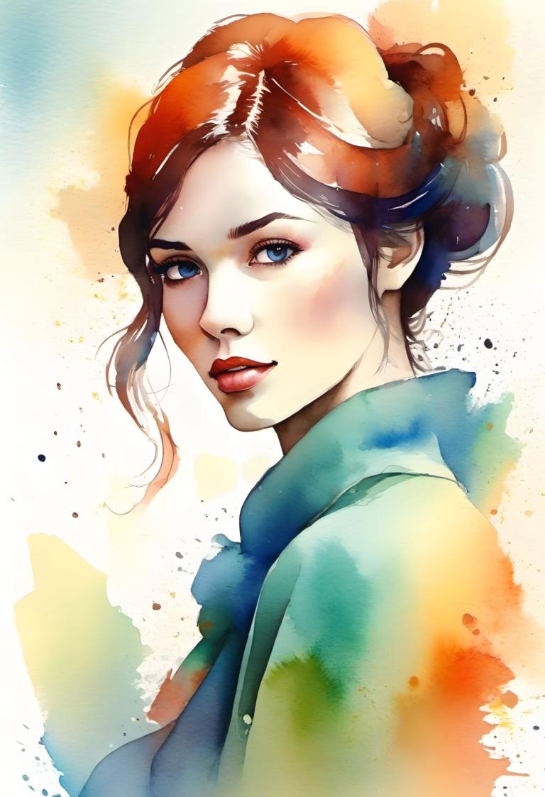 Watercolor,Watercolor, People, woman, 1girl, solo, blue eyes, brown hair, looking at viewer, upper body, lips