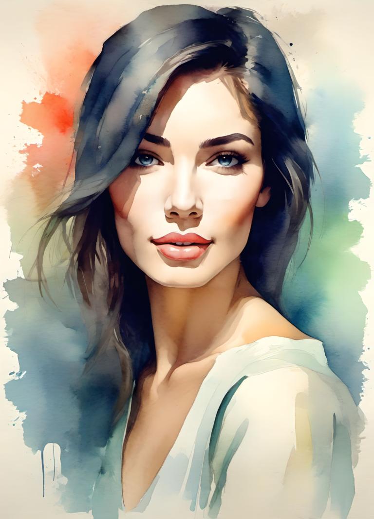 Watercolor,Watercolor, People, woman, solo, 1girl, blue eyes, black hair, lips, looking at viewer, long hair