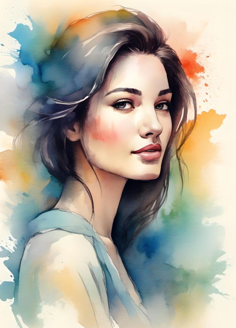 Watercolor,Watercolor, People, woman, 1girl, solo, lips, black hair, looking at viewer, long hair, nose