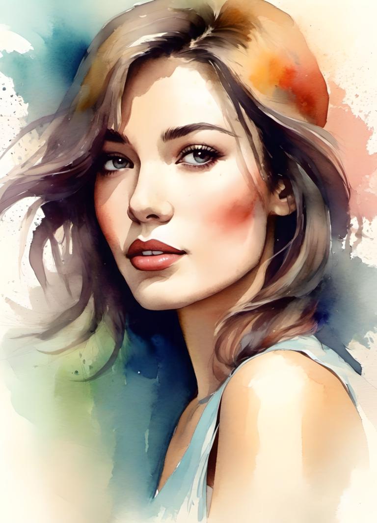 Watercolor,Watercolor, People, woman, 1girl, solo, brown hair, lips, parted lips, realistic, nose