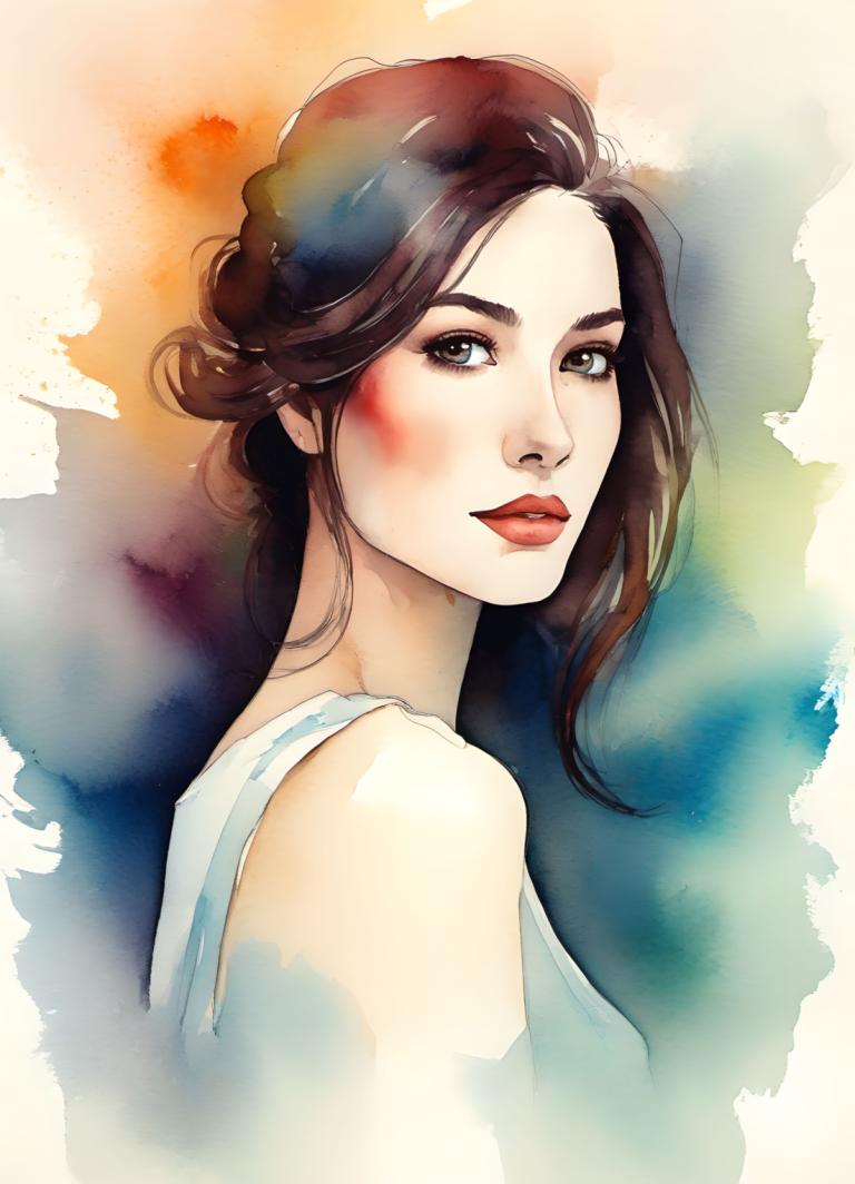 Watercolor,Watercolor, People, woman, 1girl, solo, brown hair, brown eyes, looking at viewer, lips