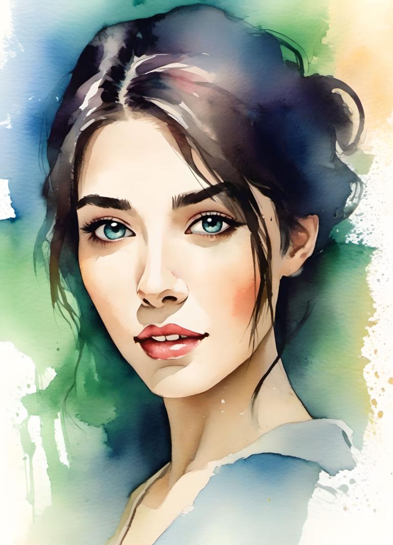 Watercolor,Watercolor, People, woman, 1girl, solo, black hair, blue eyes, looking at viewer, portrait, lips