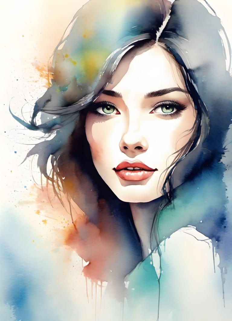 Watercolor,Watercolor, People, woman, 1girl, solo, green eyes, black hair, lips, portrait, looking at viewer