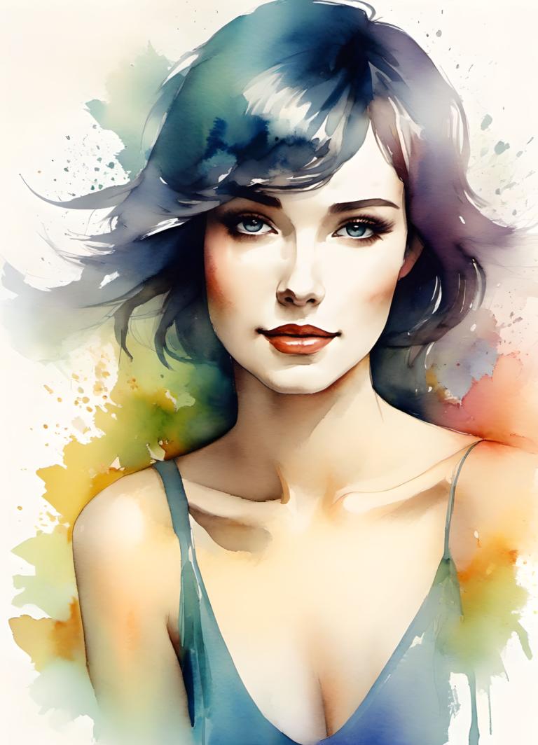 Watercolor,Watercolor, People, woman, 1girl, solo, breasts, cleavage, blue eyes, looking at viewer