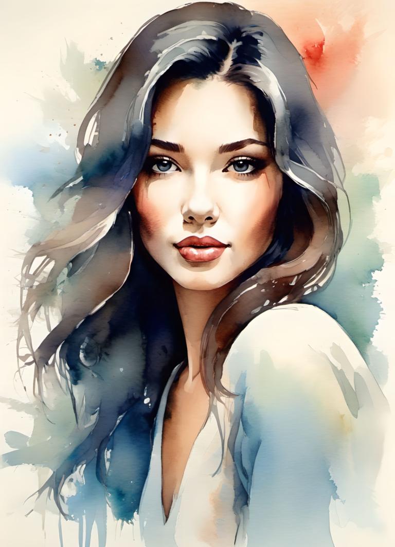 Watercolor,Watercolor, People, woman, 1girl, solo, long hair, black hair, lips, blue eyes, looking at viewer