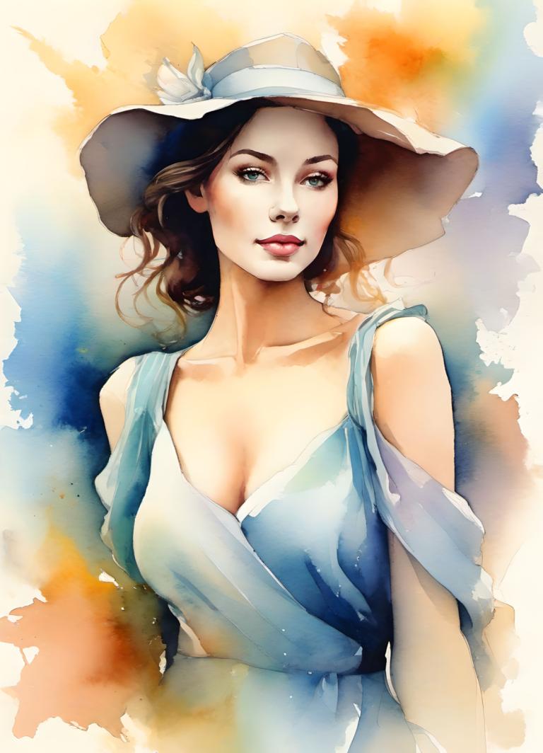 Watercolor,Watercolor, People, woman, 1girl, solo, hat, breasts, cleavage, brown hair, dress, lips, blue eyes