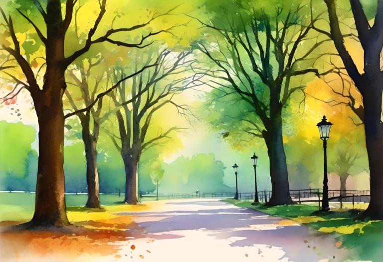 Watercolor,Watercolor, City, park, no humans, tree, scenery, lamppost, outdoors, road, autumn, park