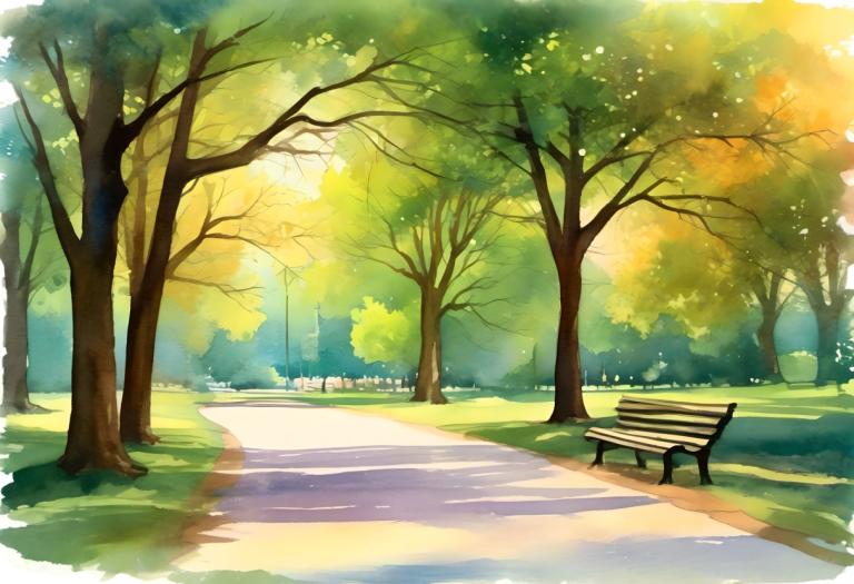 Watercolor,Watercolor, City, park, no humans, tree, bench, scenery, outdoors, park, road, day, sunlight