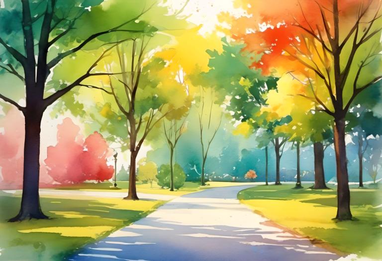 Watercolor,Watercolor, City, park, no humans, tree, outdoors, scenery, road, grass, day, nature, autumn