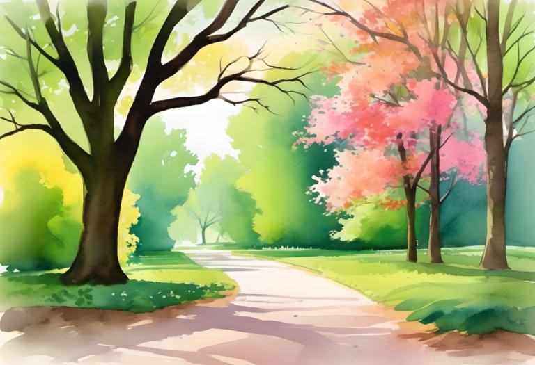 Watercolor,Watercolor, City, park, no humans, tree, outdoors, scenery, road, cherry blossoms, day, grass