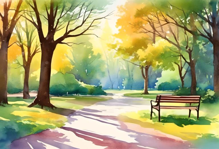 Watercolor,Watercolor, City, park, no humans, bench, tree, scenery, outdoors, grass, nature, park, day