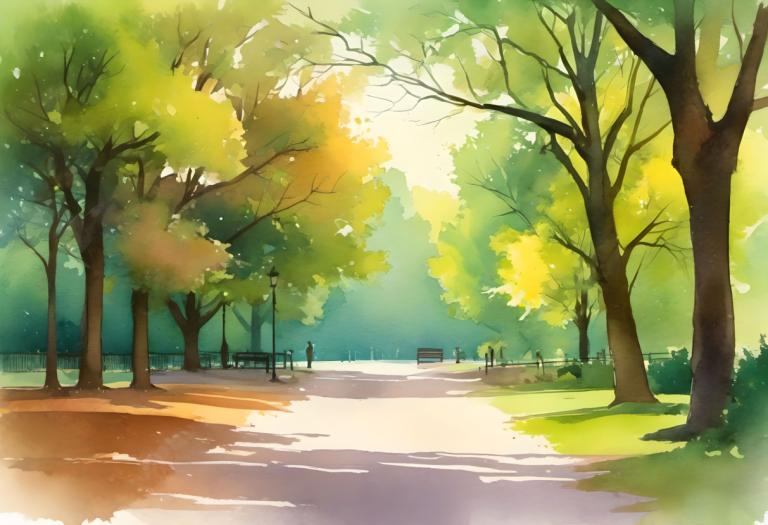 Watercolor,Watercolor, City, park, tree, no humans, scenery, outdoors, bench, road, park, day, sunlight