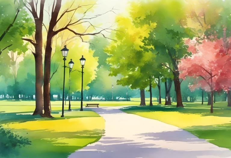 Watercolor,Watercolor, City, park, no humans, tree, outdoors, scenery, lamppost, bench, park, road, day