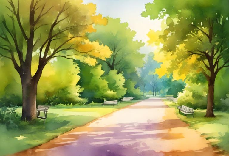 Watercolor,Watercolor, City, park, no humans, tree, outdoors, scenery, bench, grass, day, road, sky, path