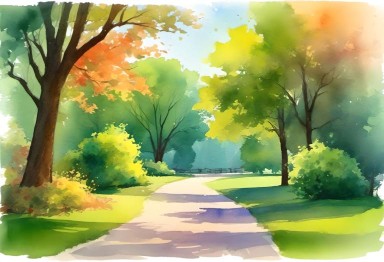 Watercolor,Watercolor, City, park, no humans, tree, scenery, outdoors, day, sky, road, path, nature, grass