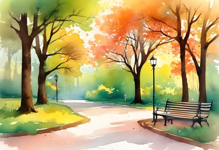 Watercolor,Watercolor, City, park, bench, no humans, tree, lamppost, park, scenery, outdoors, park bench