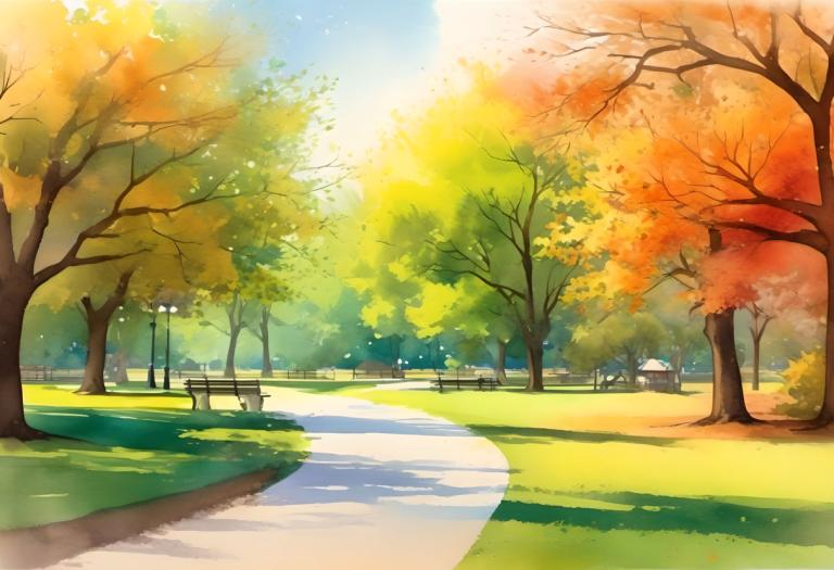 Watercolor,Watercolor, City, park, no humans, tree, scenery, outdoors, road, sky, lamppost, day, bench, park