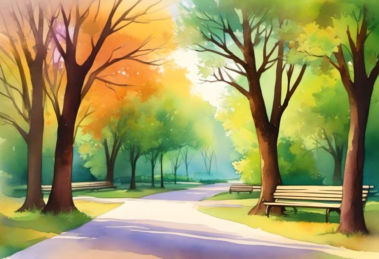 Watercolor,Watercolor, City, park, no humans, tree, bench, outdoors, scenery, day, road, grass, park, nature