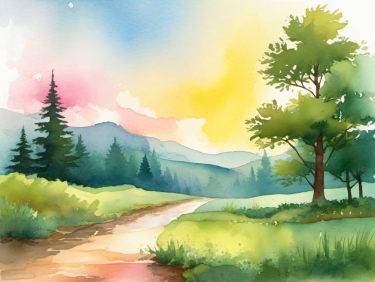 Watercolor,Watercolor, Nature, landscape, no humans, scenery, outdoors, tree, sky, nature, grass, cloud