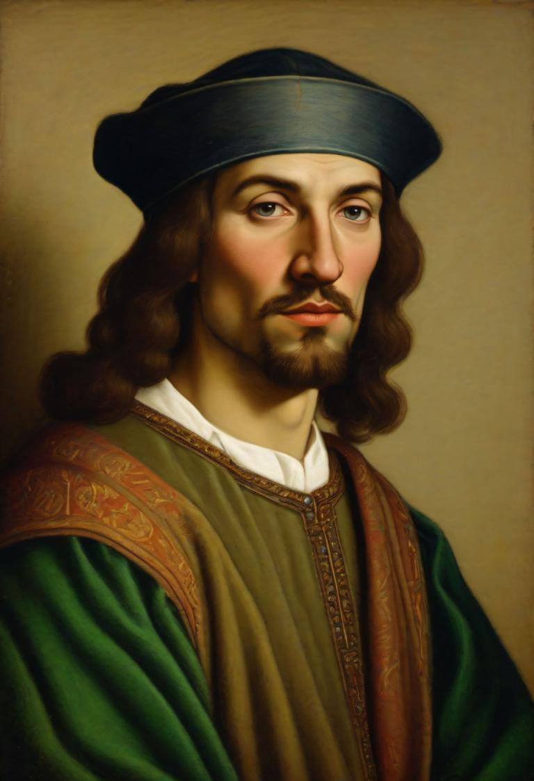 Pastel,Pastel, People, medieval european man, portrait, solo, facial hair, male focus, 1boy, hat, realistic