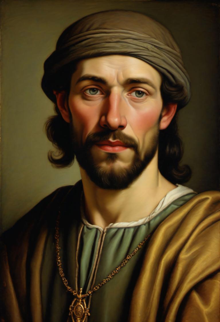 Pastel,Pastel, People, medieval european man, portrait, solo, 1boy, male focus, facial hair, realistic