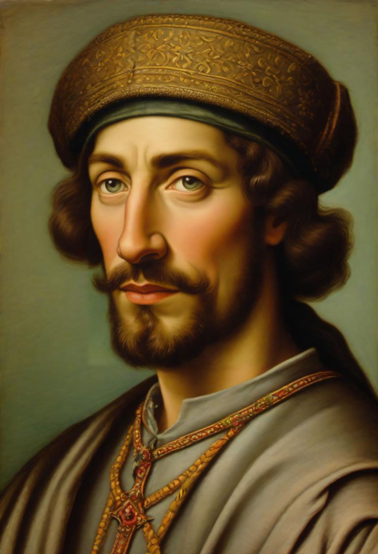 Pastel,Pastel, People, medieval european man, portrait, solo, facial hair, male focus, 1boy, realistic, beard