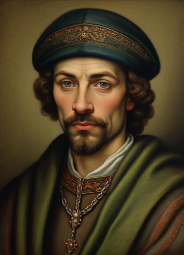 Pastel,Pastel, People, medieval european man, portrait, solo, facial hair, 1boy, male focus, hat, realistic