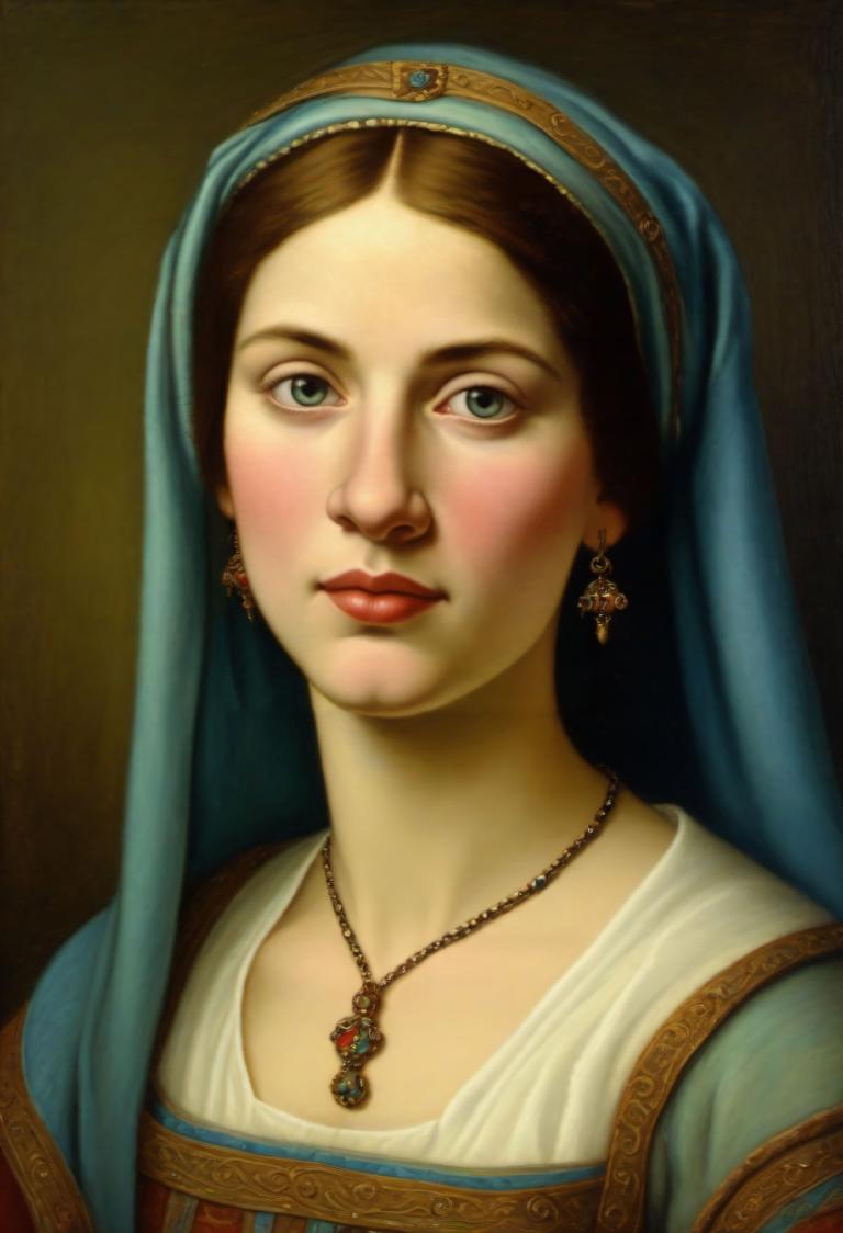 Pastel,Pastel, Gente, mujer medieval europea, retrato, 1 chica, joyas, solo, realista, Pelo castaño