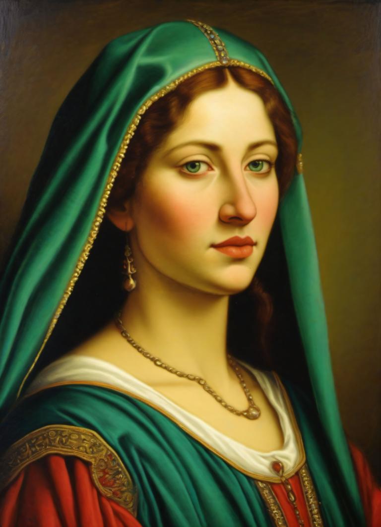 Arc Csere, Classical Portrait, Pastel, People, medieval european woman, portrait, 1girl, solo, jewelry, realistic, fine art parody, green eyes, brown hair, necklace, parody, earrings, veil, lips, upper body