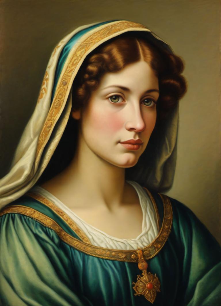 Échange de visage, Portrait classique, Pastels, Personnes, femme européenne médiévale, portrait, 1fille, solo, parodie des beaux-arts, réaliste, cheveux bruns, yeux verts, haut du corps, parodie, robe, lèvres