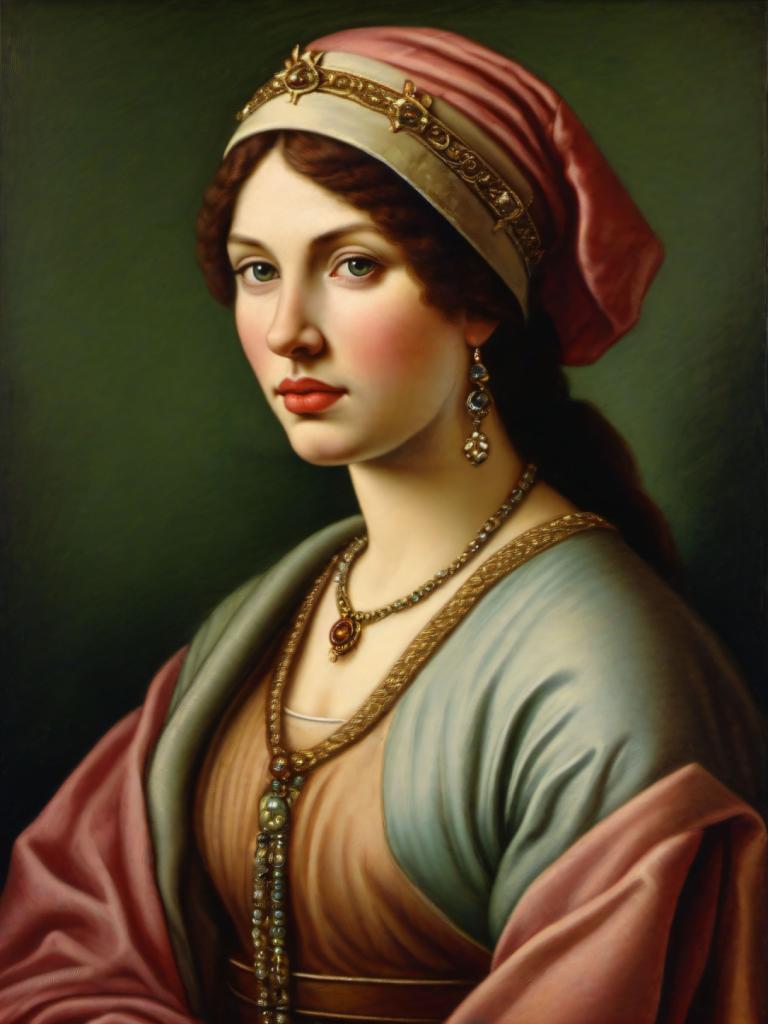 Pastels,Pastels, Personnes, femme européenne médiévale, portrait, 1fille, bijoux, solo, réaliste, collier