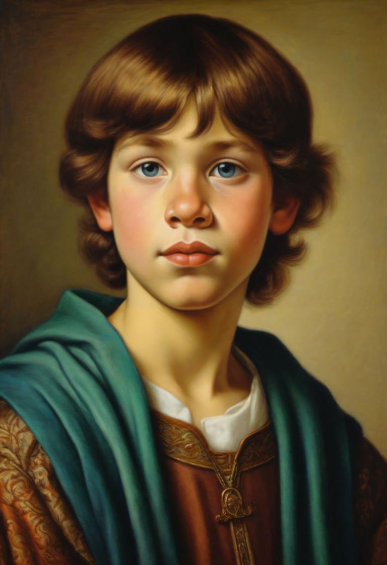 Pastel,Pastel, People, medieval european boy, portrait, solo, brown hair, blue eyes, realistic