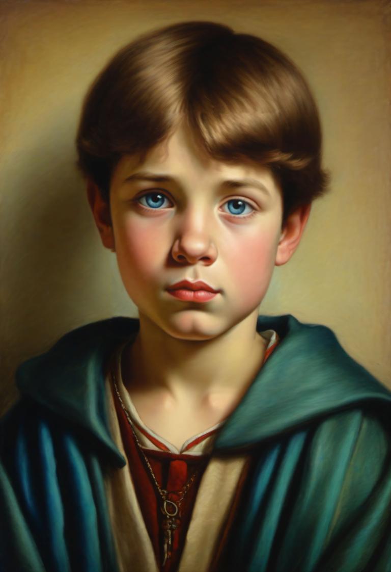 Pastel,Pastel, People, medieval european boy, portrait, solo, blue eyes, brown hair, male focus, 1boy