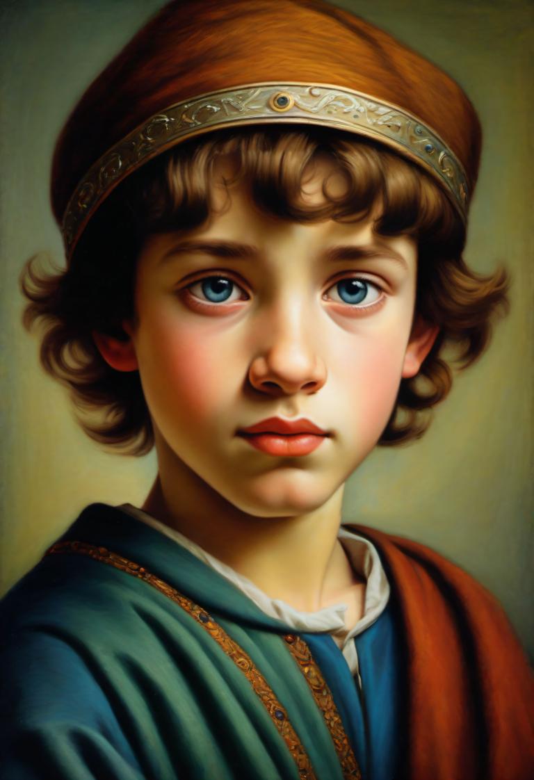 Pastel,Pastel, People, medieval european boy, portrait, solo, blue eyes, brown hair, looking at viewer