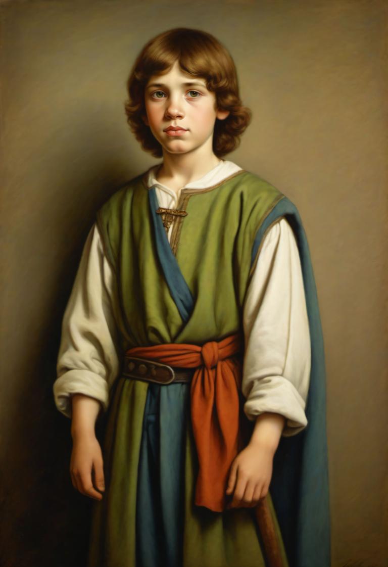 Pastel,Pastel, People, medieval european boy, portrait, solo, brown hair, tunic, realistic, fine art parody