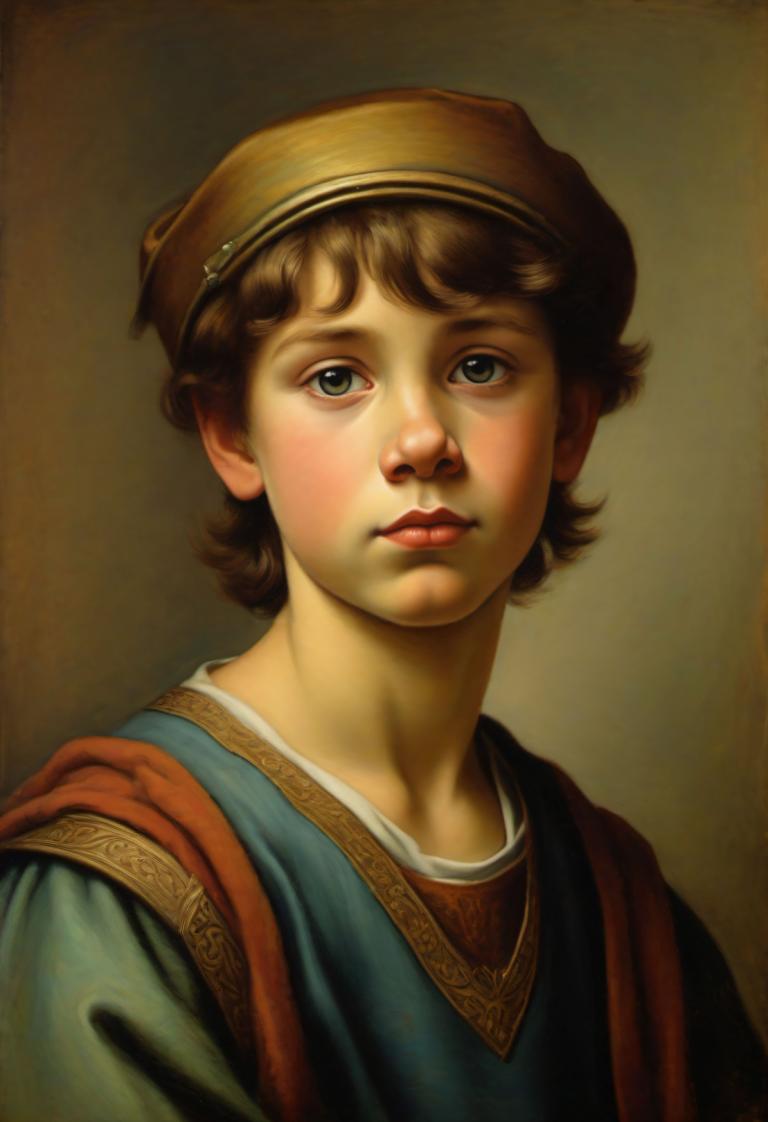 Pastel,Pastel, People, medieval european boy, portrait, solo, male focus, realistic, brown hair, 1boy, hat