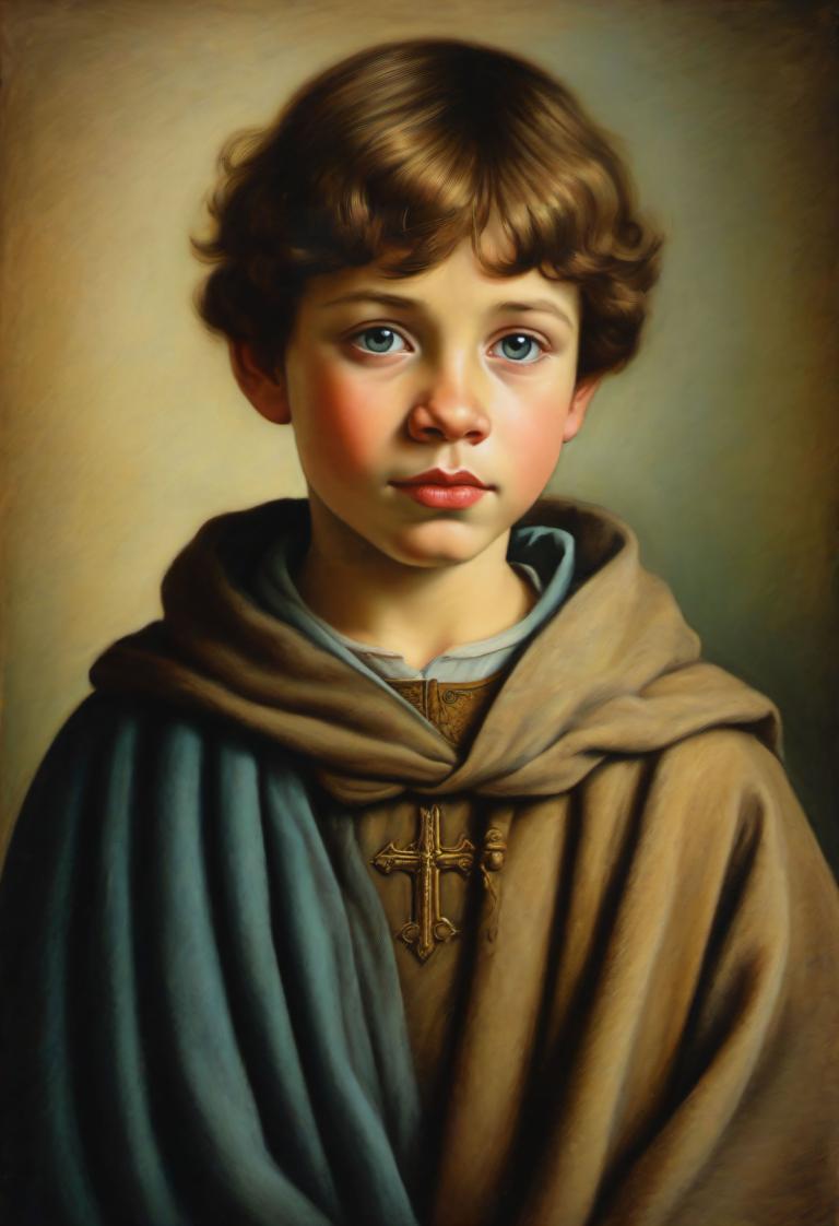 Pastel,Pastel, People, medieval european boy, portrait, solo, brown hair, blue eyes, realistic