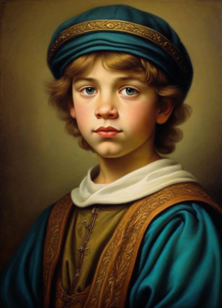 Pastel,Pastel, People, medieval european boy, portrait, solo, hat, realistic, fine art parody, upper body