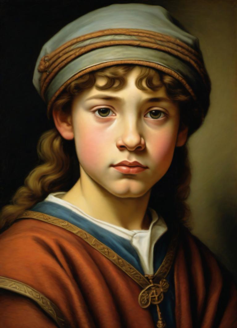 Pastel,Pastel, People, medieval european boy, portrait, solo, realistic, fine art parody, hat, brown hair