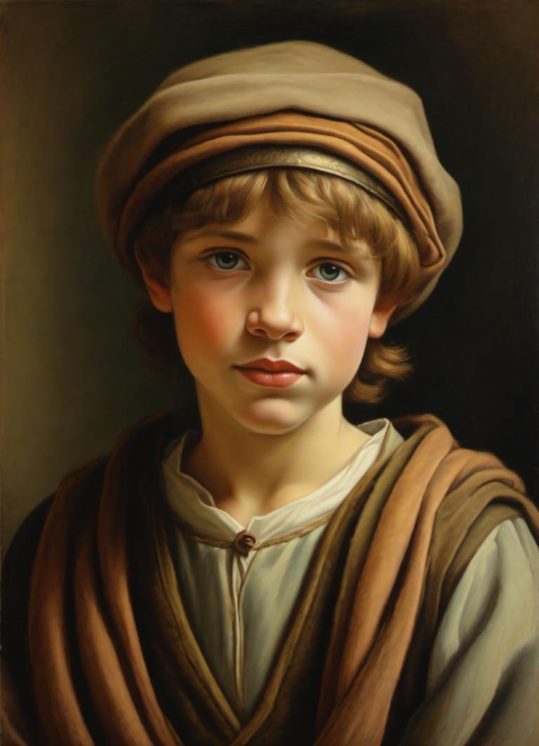 Pastel,Pastel, People, medieval european boy, portrait, solo, realistic, hat, male focus, 1boy